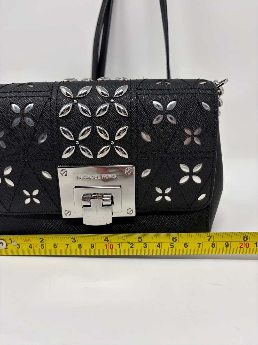 Michael Kors Black Leather Shoulder Bag with Silver Floral Studs - Picture 8 of 9